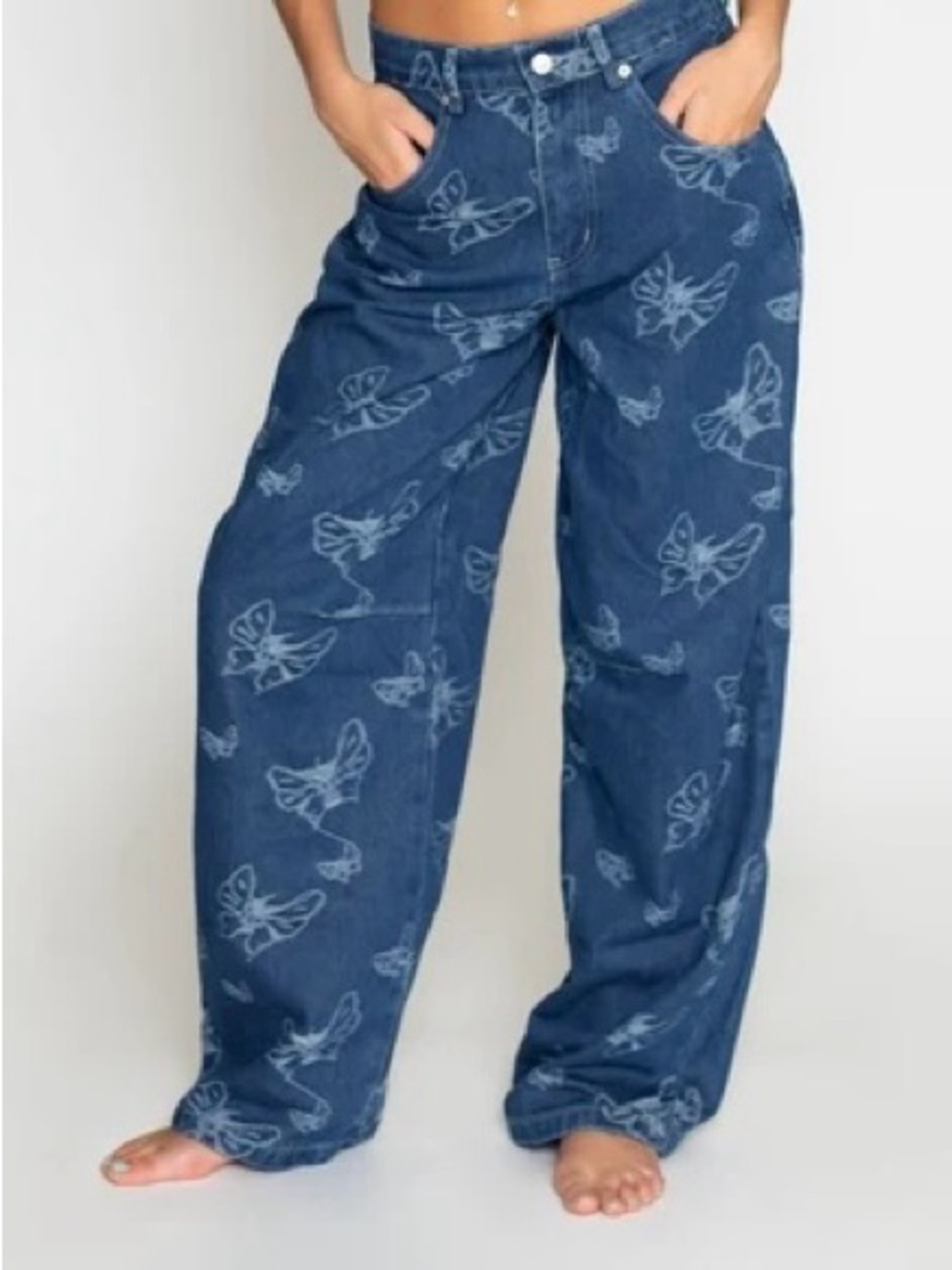 HYFVE Blue Butterfly-Print Wide Leg Jeans
